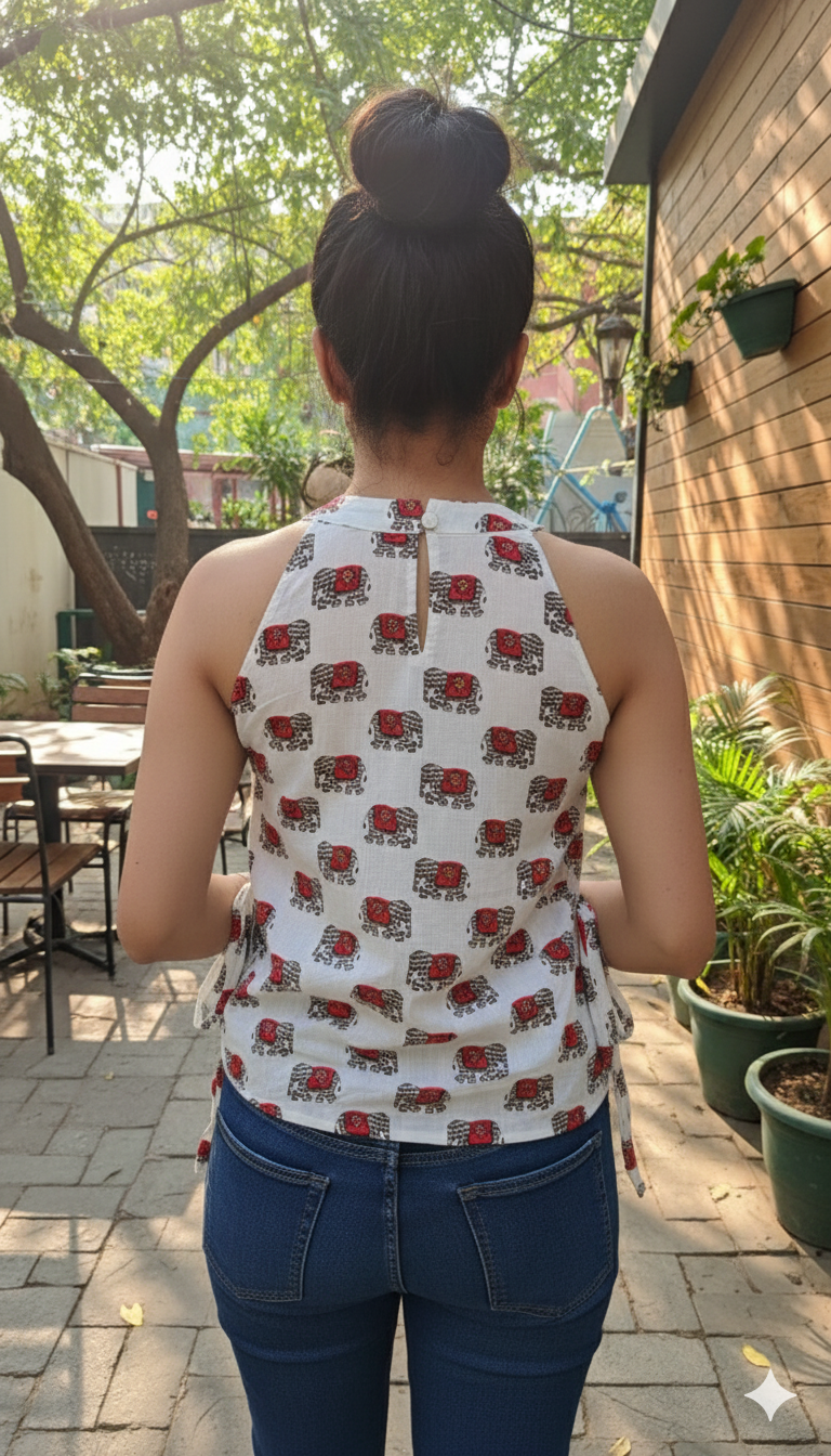 Bellina White elephant print side knot short kurti