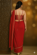 Rosy Red crepe Saree With Brocade Blouse