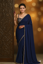 Mannat Blue crepe Saree With Brocade Blouse