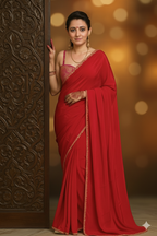 Rosy Red crepe Saree With Brocade Blouse