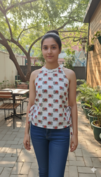 Bellina White elephant print side knot short kurti