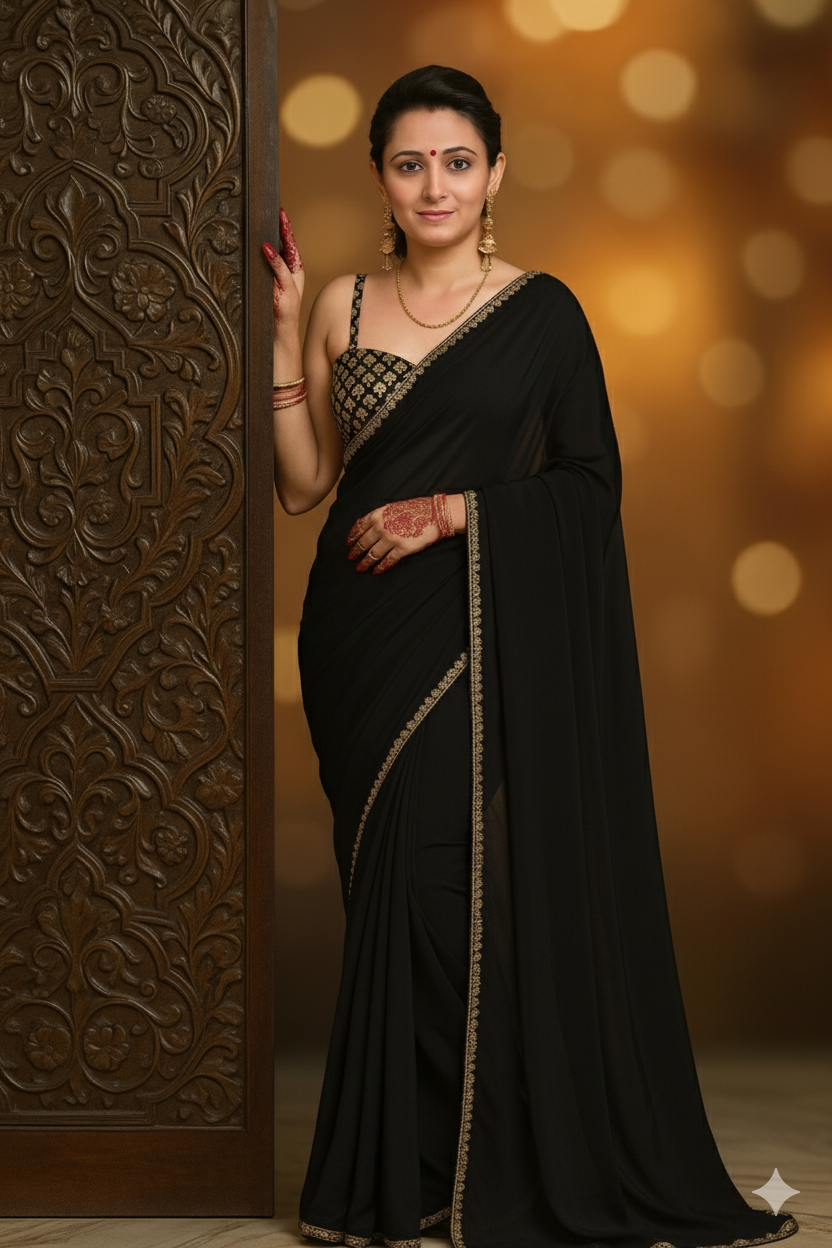 Moon Light Black crepe Saree With Brocade Blouse