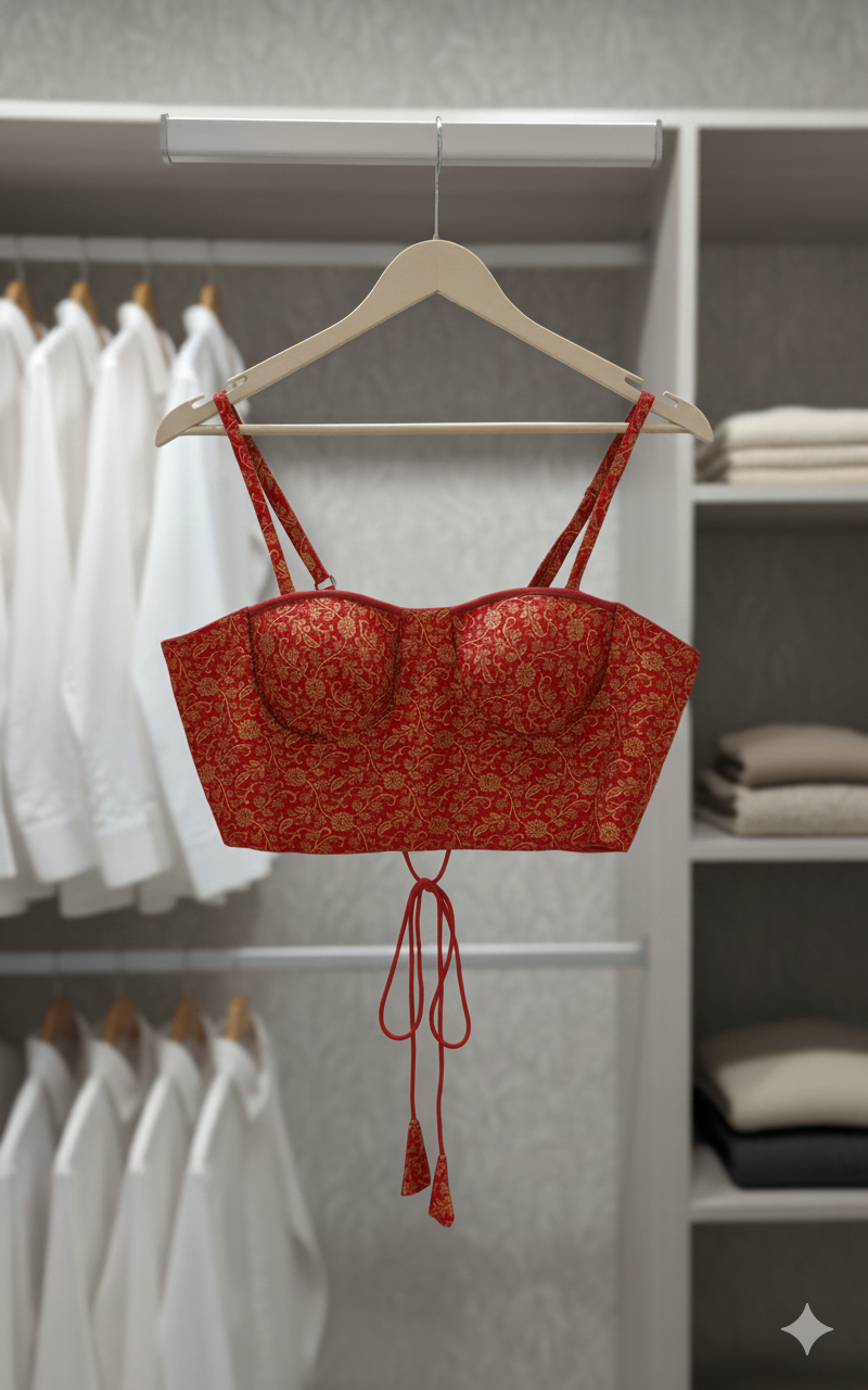 Rosy Red crepe Saree With Brocade Blouse