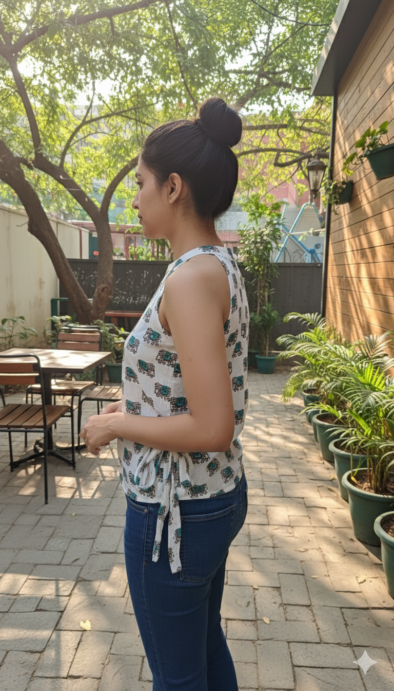 Bellina White elephant print side knot short kurti