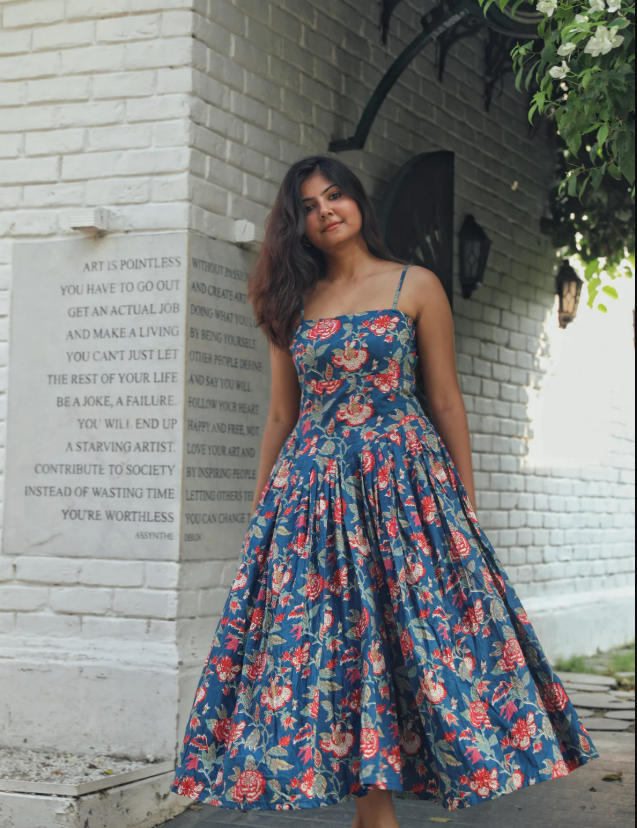 Naina Blue Cotton Midi Dress