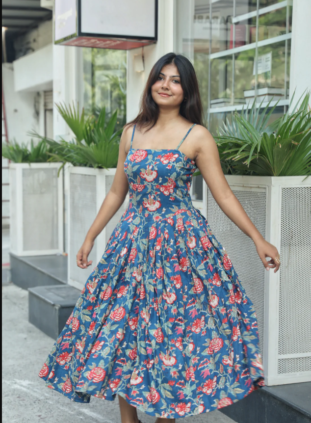 Naina Blue Cotton Midi Dress