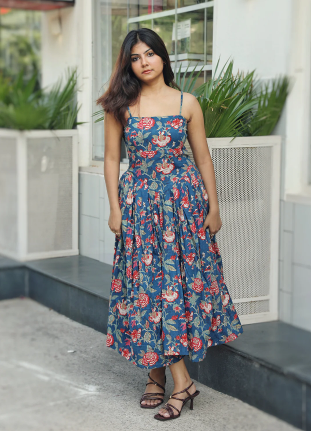 Naina Blue Cotton Midi Dress