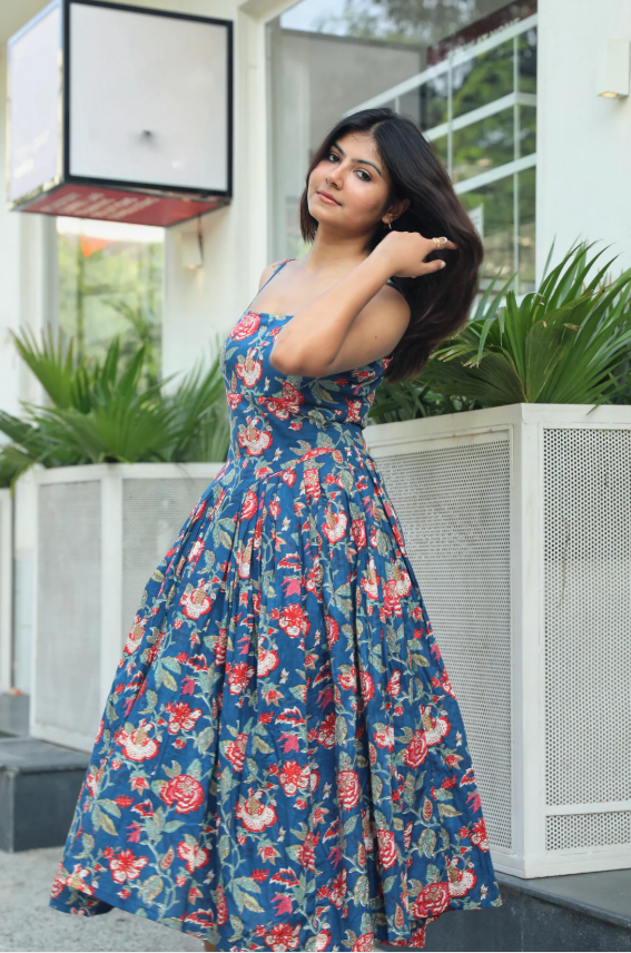 Naina Blue Cotton Midi Dress