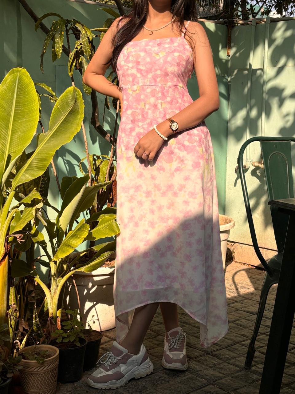 Serene Pink Floral Tiered Dress