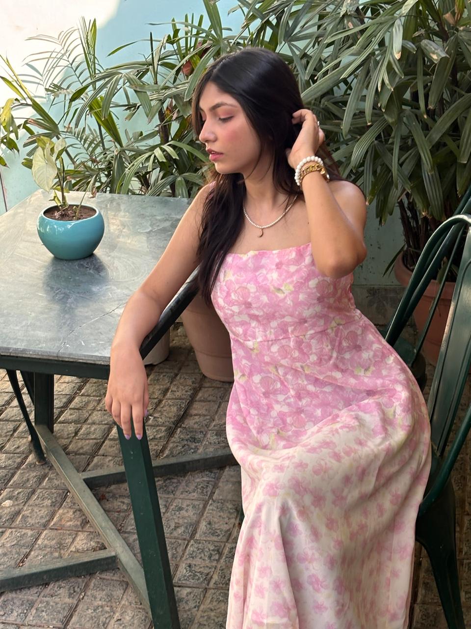 Serene Pink Floral Tiered Dress