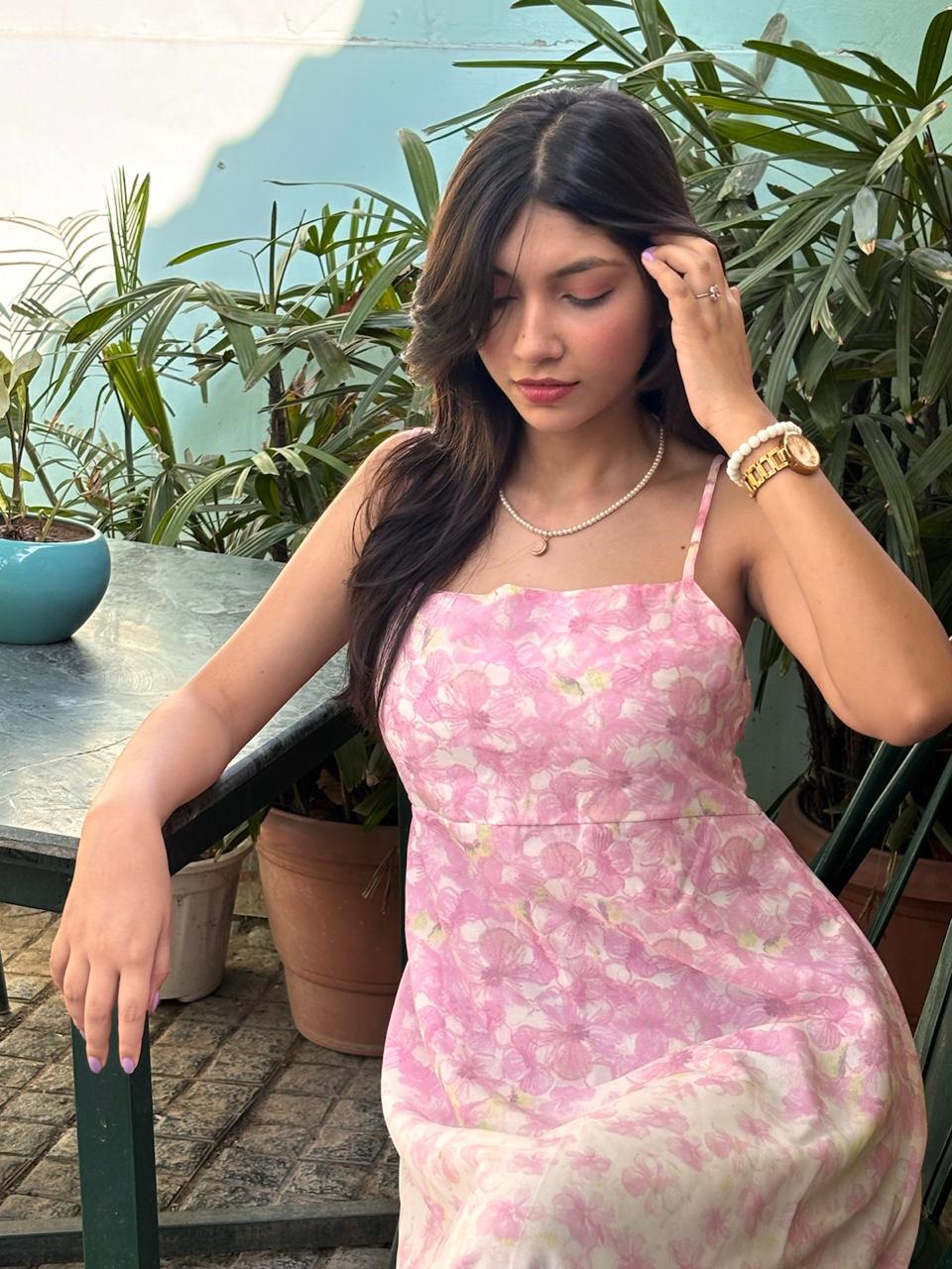 Serene Pink Floral Tiered Dress