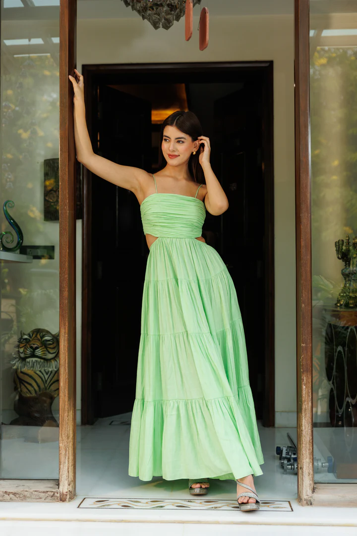 Dionne Green flared cotton long dress